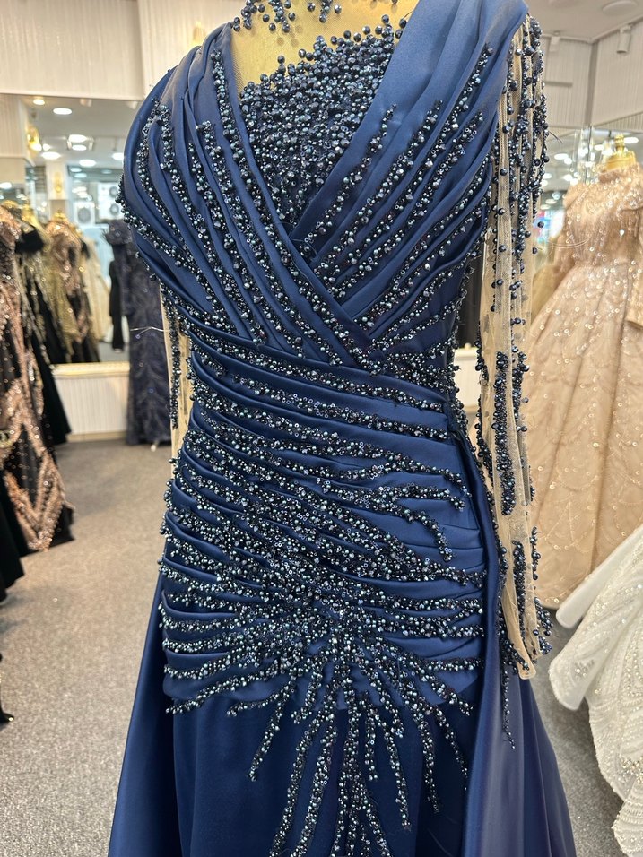 Kadın Lacivert Uzun Abiye Elbise V Yaka - Görsel 4