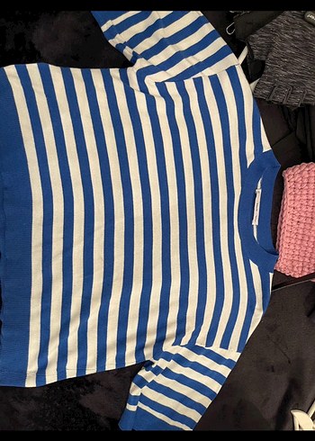 MNG Çizgili Mavi Kadın Triko Sweatshirt - Görsel 2