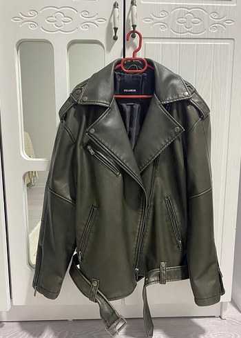 Pull&bear deri ceket haki oversize - Görsel 3
