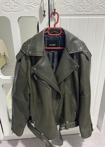 Pull&bear deri ceket haki oversize - Görsel 2