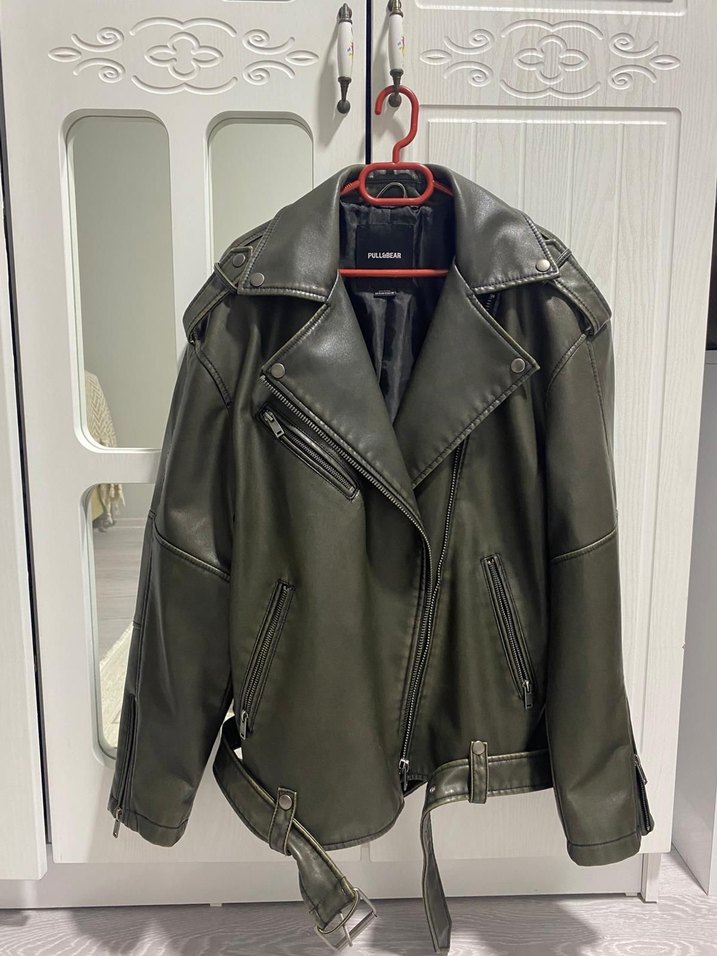 Pull&bear deri ceket haki oversize - Görsel 3