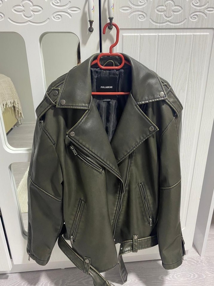 Pull&bear deri ceket haki oversize - Görsel 2