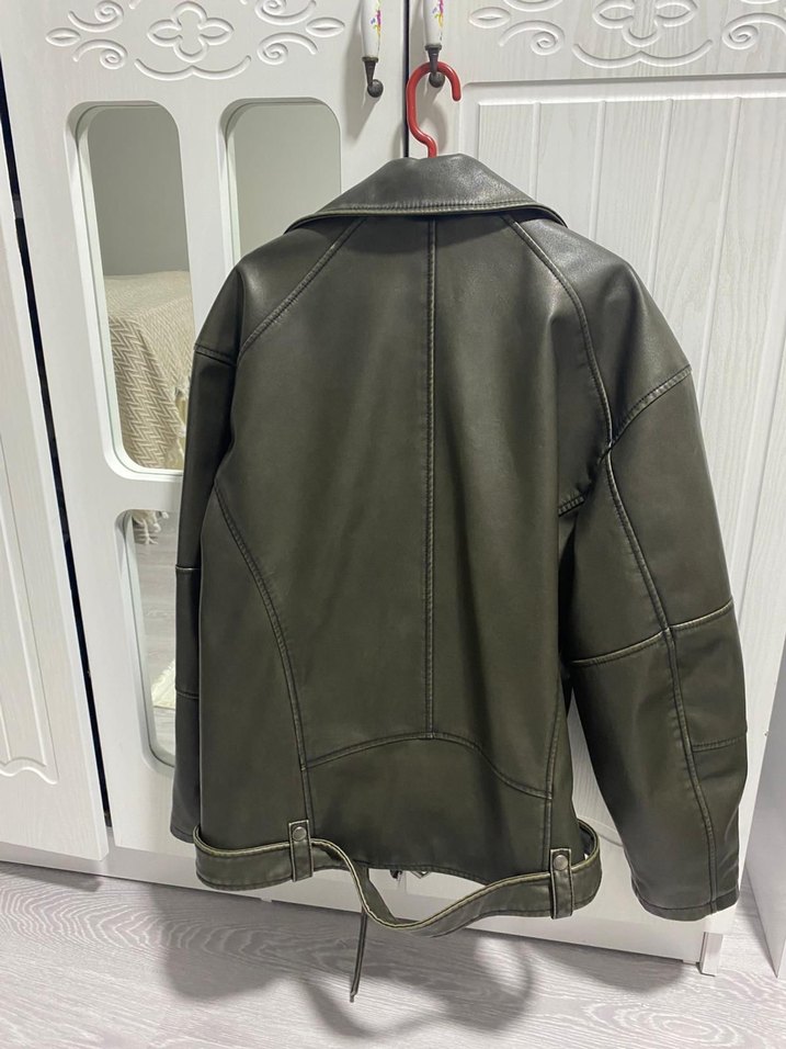 Pull&bear deri ceket haki oversize - Görsel 4