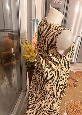 Kahverengi Zebra Desenli  diz altı Bohem Elbise - Görsel 3