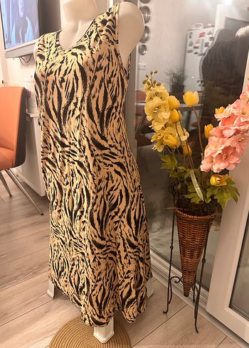 Kahverengi Zebra Desenli  diz altı Bohem Elbise - Görsel 2