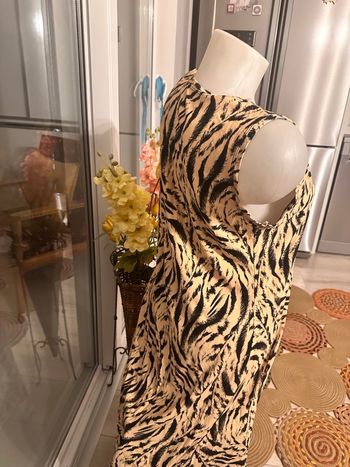 Kahverengi Zebra Desenli  diz altı Bohem Elbise - Görsel 3