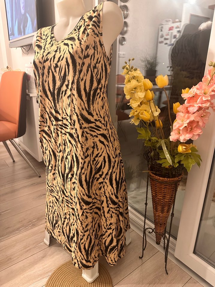 Kahverengi Zebra Desenli  diz altı Bohem Elbise - Görsel 2