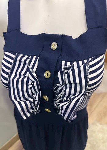 Düğmeli Lacivert Çizgili Uzun penye Elbise - Görsel 2