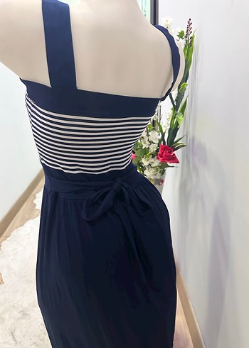 Düğmeli Lacivert Çizgili Uzun penye Elbise - Görsel 3