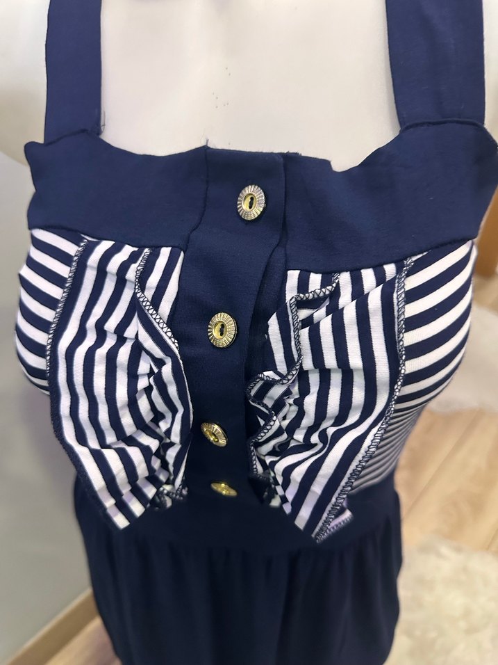 Düğmeli Lacivert Çizgili Uzun penye Elbise - Görsel 2