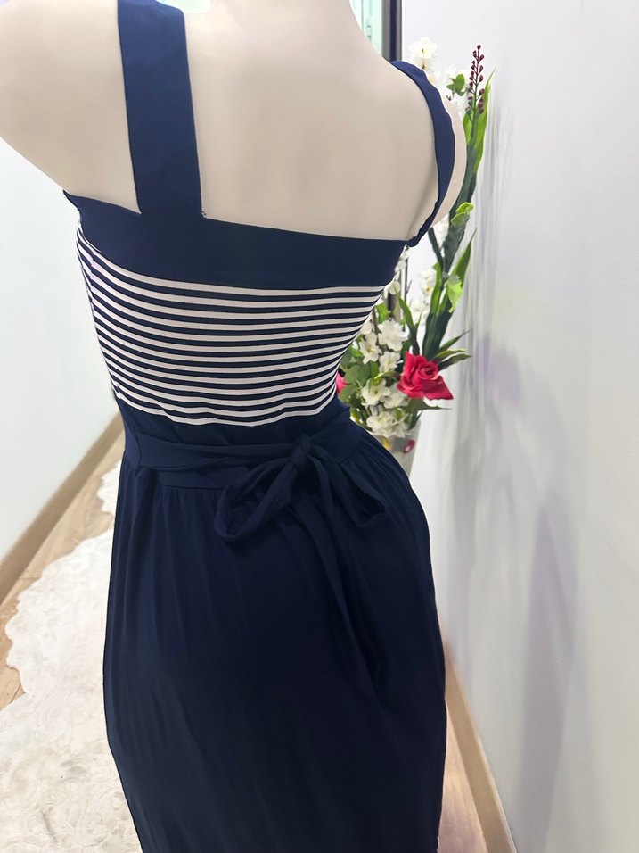 Düğmeli Lacivert Çizgili Uzun penye Elbise - Görsel 3