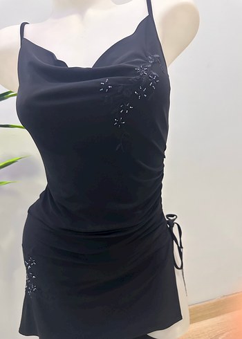 Drapeli Siyah Straplez  askılı üst giyim - Görsel 4