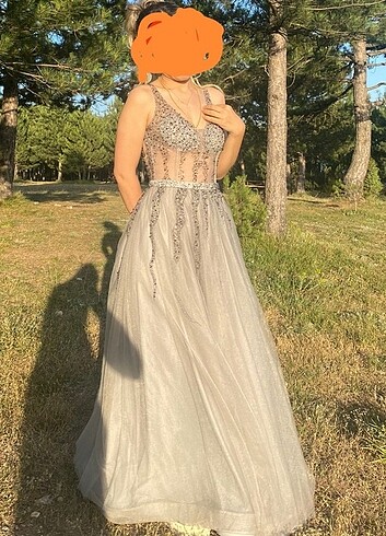 Gri taşlı abiye transparan balenli