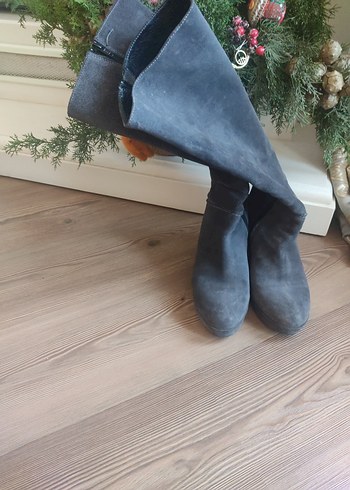 Hotiç Gri Süet Dolgu Topuklu Kadın Diz Boyu Bot