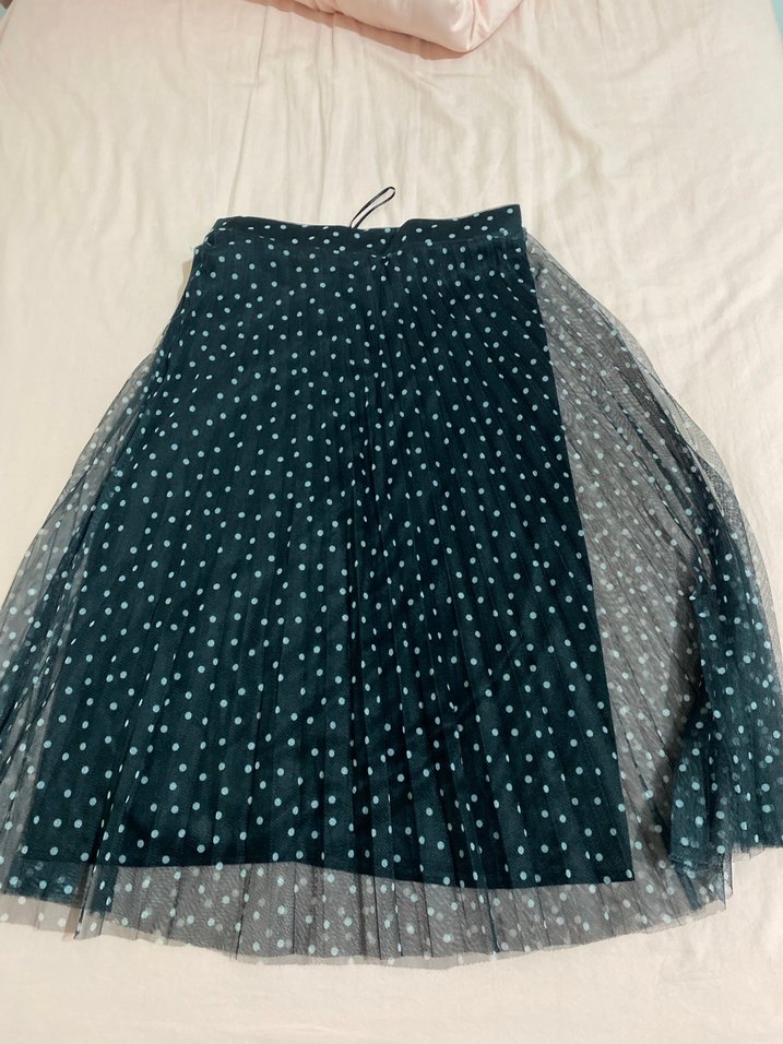 Mavi Puantiyeli Drapeli Midi  Etek - Görsel 2