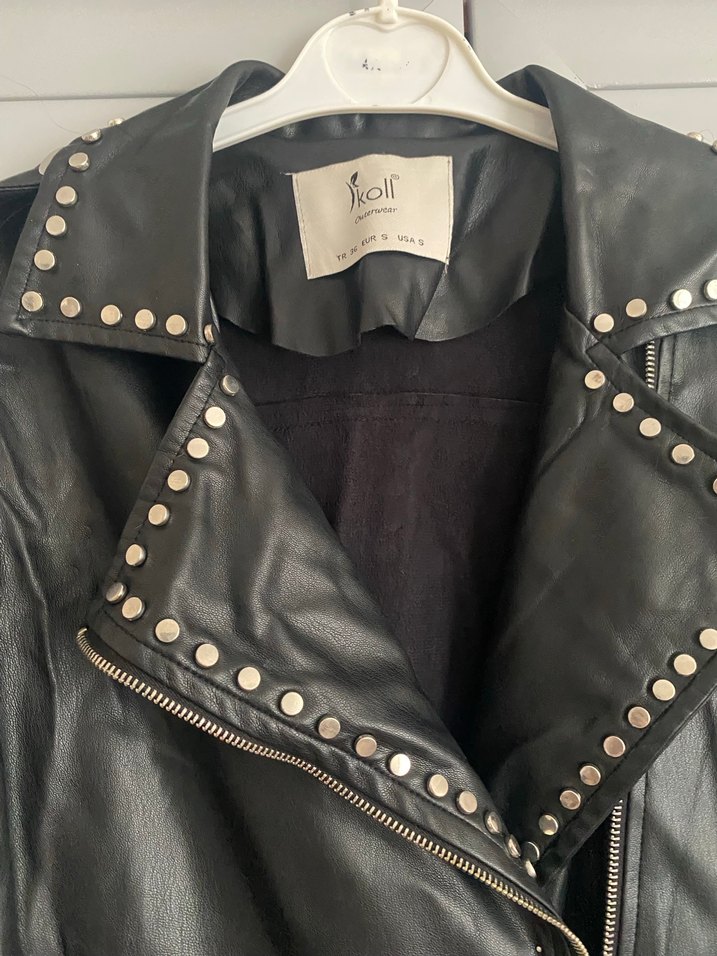 Siyah Deri Uzun Biker Ceket - Görsel 3