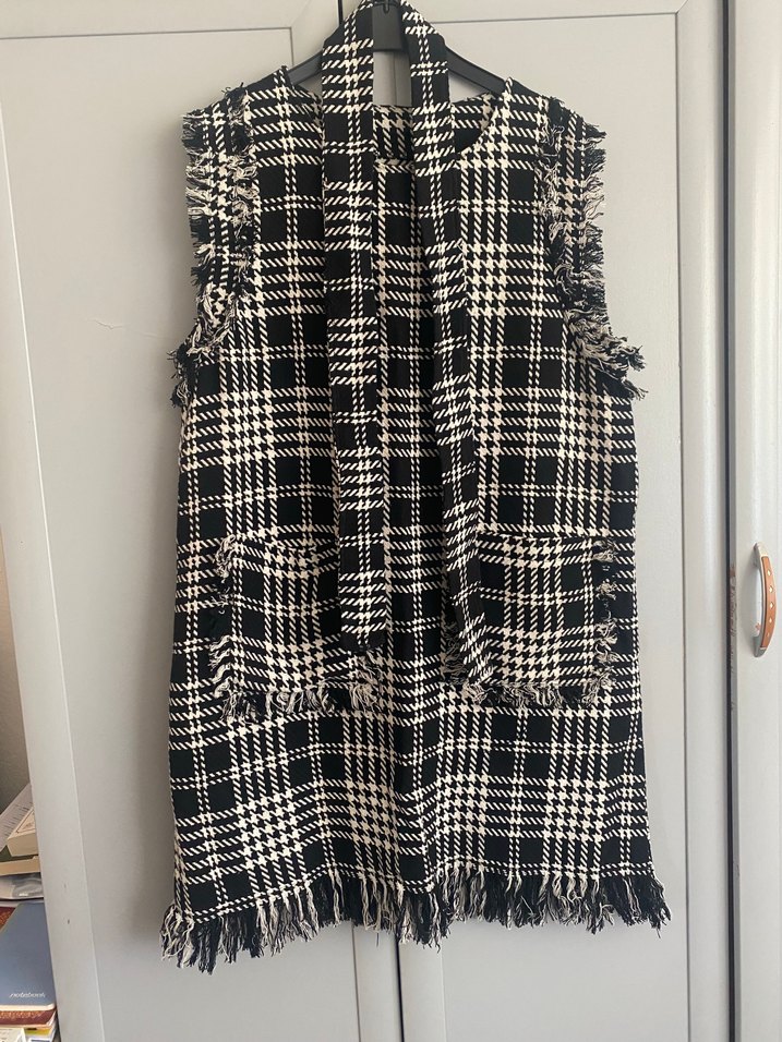 Ekose Desenli Uzun Kadın Yelek - Görsel 2