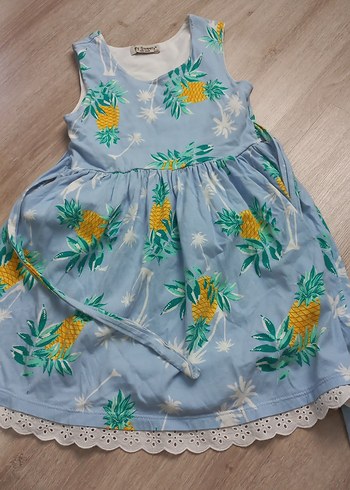 Mavi Ananas Desenli Kolsuz Kız Elbisesi