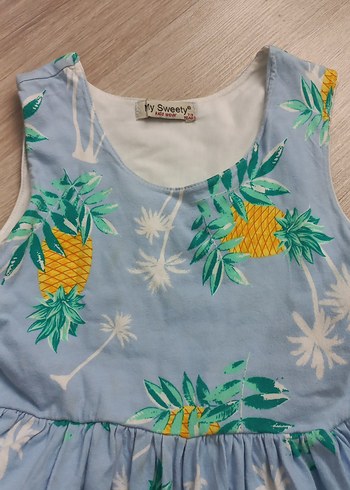 Diğer Mavi Ananas Desenli Kolsuz Kız Elbisesi