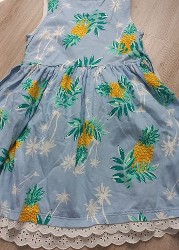 7 Yaş Beden Mavi Ananas Desenli Kolsuz Kız Elbisesi