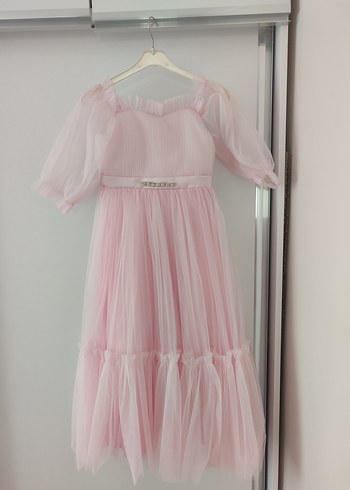 Abiye Pembe Piliseli Askılı Kız Çocuk Elbise