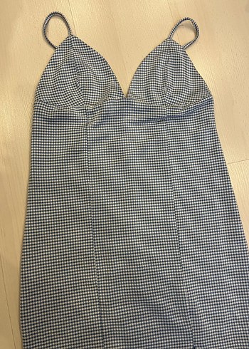 xs Beden Bebek mavisi kare desenli mini elbise