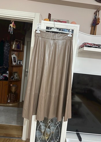 Bej Deri Uzun Etek Kemerli - Görsel 2