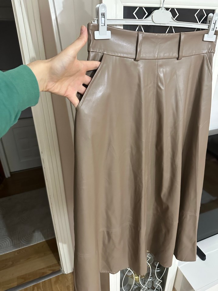 Bej Deri Uzun Etek Kemerli - Görsel 3