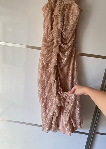 Pembe V Yaka Dantelli Midi Elbise - Görsel 3