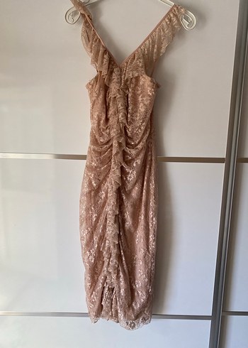 Pembe V Yaka Dantelli Midi Elbise - Görsel 2