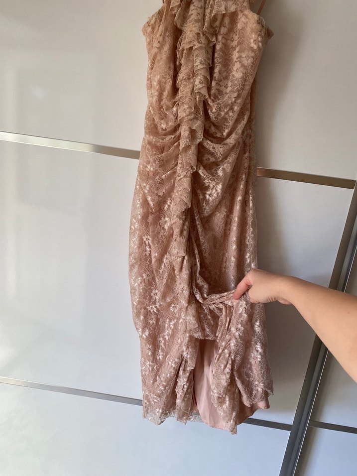 Pembe V Yaka Dantelli Midi Elbise - Görsel 3