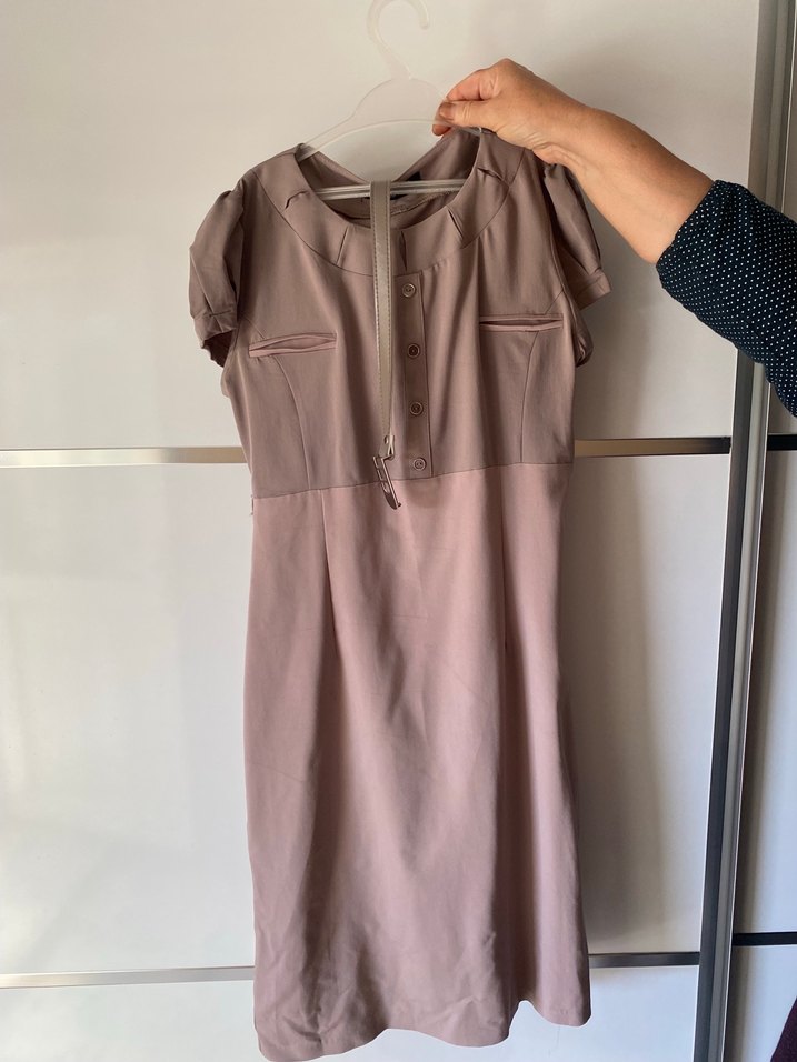 V Yaka Bej Midi Elbise, Düğmeli, Rahat Kesim - Görsel 2