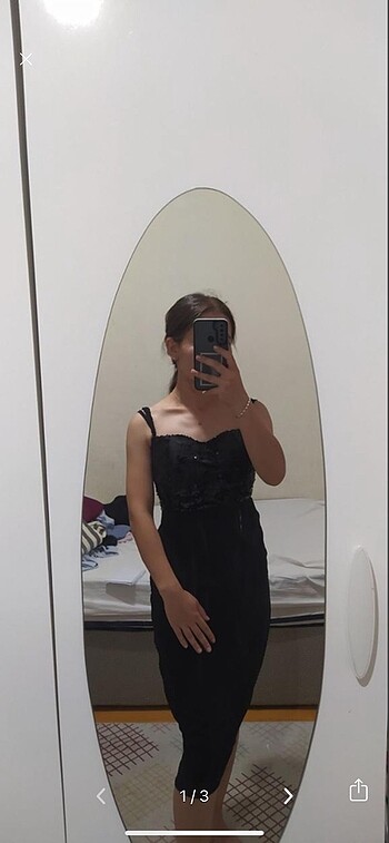 Siyah midi boy pul detaylı abiye - Görsel 2