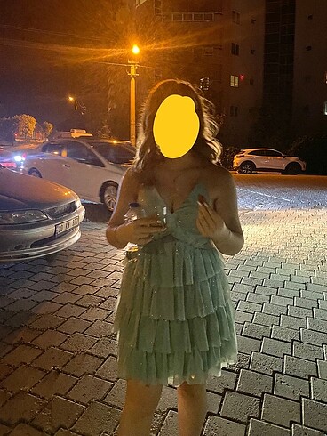m Beden Mavi simli kısa abiye elbise