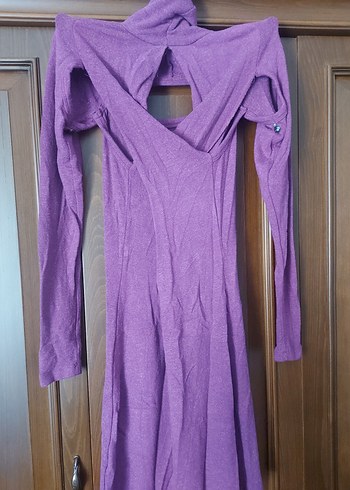 Uzun Kollu, Dekolte ve Boğazlı Drapeli Mor Mini Elbise - Görsel 2