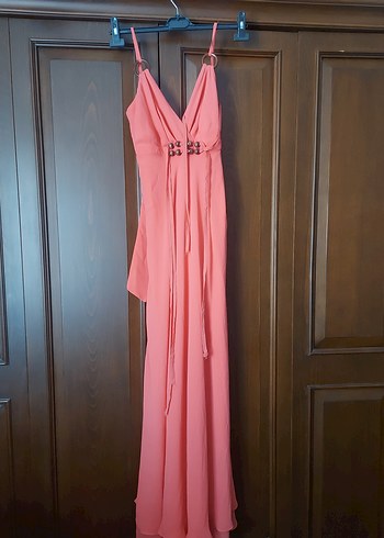 Pembe Drapeli Uzun V Yaka Abiye Elbise - Görsel 2