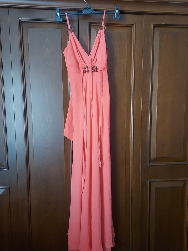 Pembe Drapeli Uzun V Yaka Abiye Elbise - Görsel 2