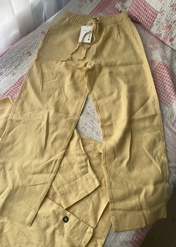 Cos sarı Düğmeli Uzun Kollu keten takım - Görsel 4