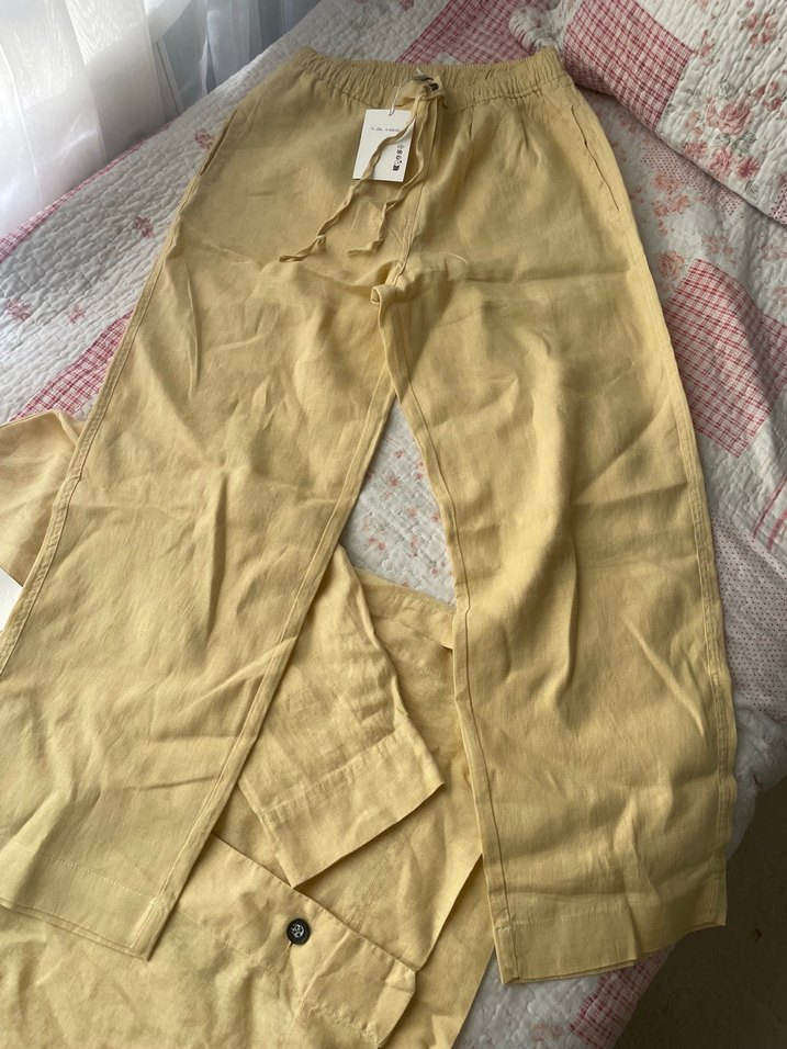 Cos sarı Düğmeli Uzun Kollu keten takım - Görsel 4