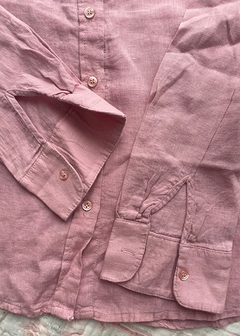 Pembe Keten Gömlek, Düğmeli, Uzun Kollu - Görsel 3