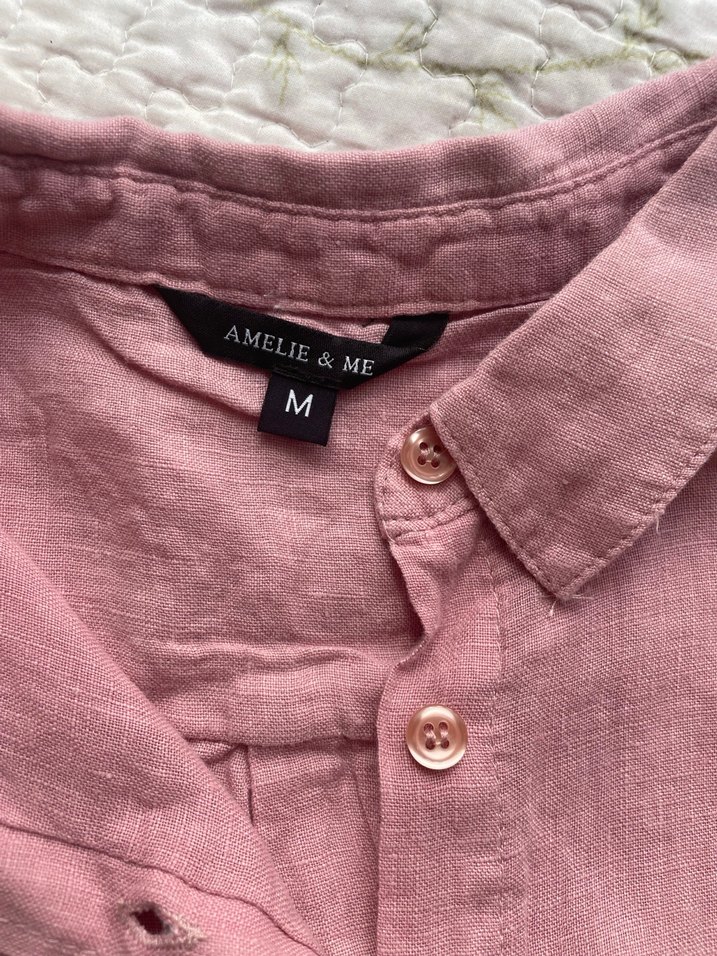 Pembe Keten Gömlek, Düğmeli, Uzun Kollu - Görsel 4