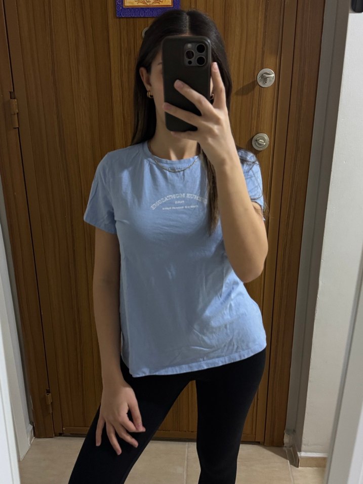 Mavi Baskılı Kısa Kollu Kadın Tişört - Görsel 2