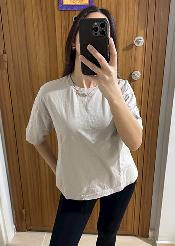 Bej Oversize Kısa Kollu Kadın Tişört - Görsel 2