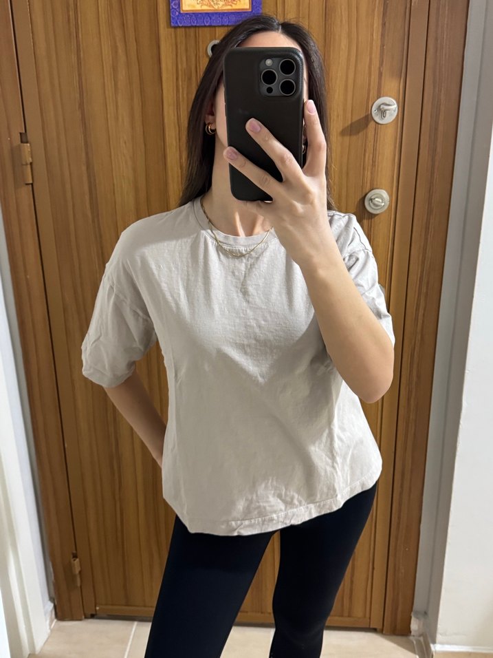 Bej Oversize Kısa Kollu Kadın Tişört - Görsel 2