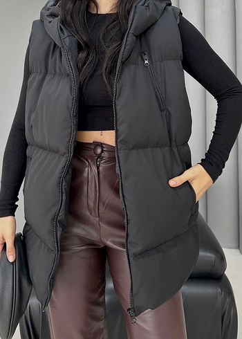 Siyah Kapüşonlu Kadın Şişme Yelek - Görsel 2