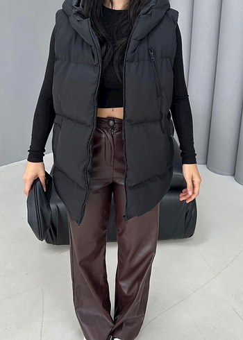 Siyah Kapüşonlu Kadın Şişme Yelek - Görsel 3