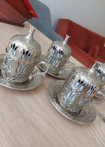 Diger Nakışlı Gümüş Kaplama Kahve Fincan Seti