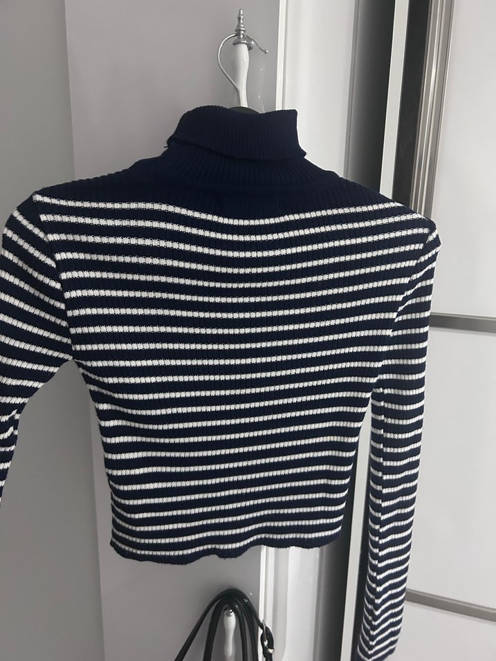 Lacivert Çizgili Balıkçı Yaka Kadın Kazak - Görsel 2