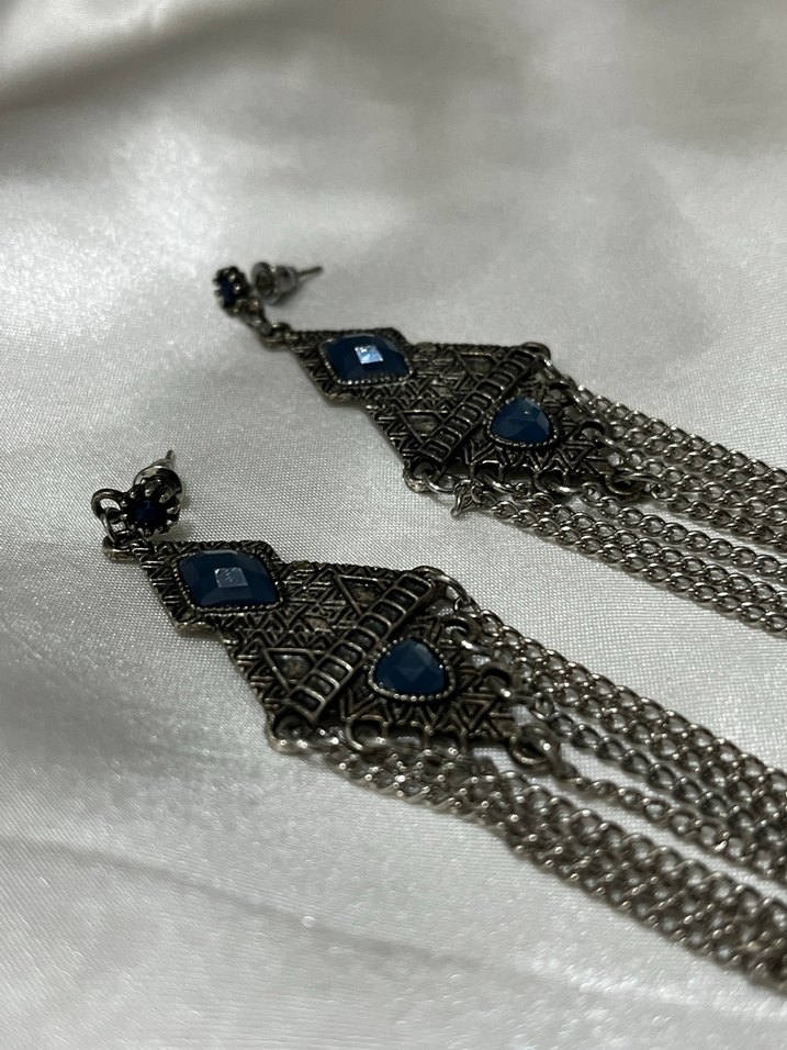 Bohem Zincir Detaylı Uzun Mavi Kadın Küpe - Görsel 3