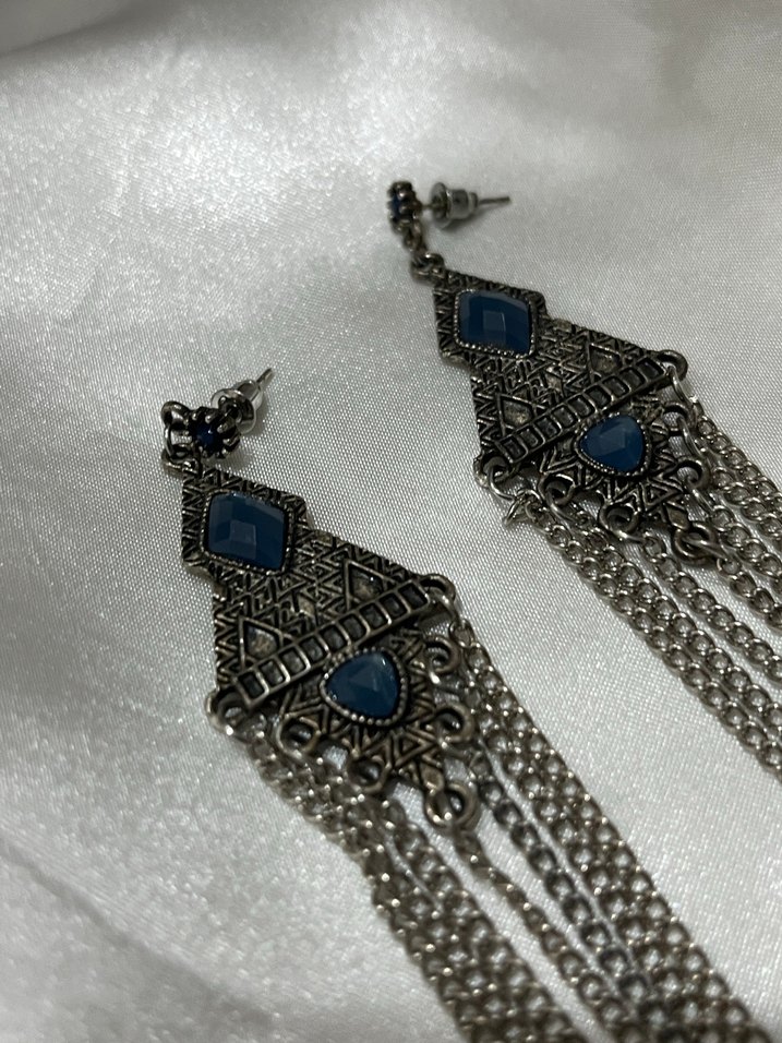 Bohem Zincir Detaylı Uzun Mavi Kadın Küpe - Görsel 2